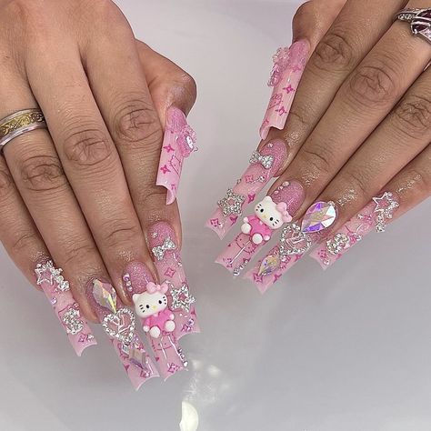 Extra Long Nail Designs, Asian Nails, Hippie Nails, Hello Kitty Nails, Pink Hello Kitty, Glow Nails, Cat Nails, Girly Acrylic Nails, Cute Acrylic Nail Designs