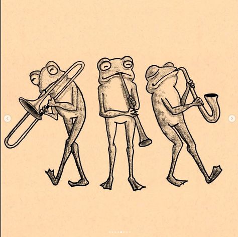 3 Frogs Drawing, Bugs Playing Instruments, Animal Playing Instrument Tattoo, Two Frogs Tattoo, Standing Frog Drawing, Frog Knight Tattoo, Animal Playing Instrument Drawing, Frog And Toad Drawing, Dancing Frog Drawing