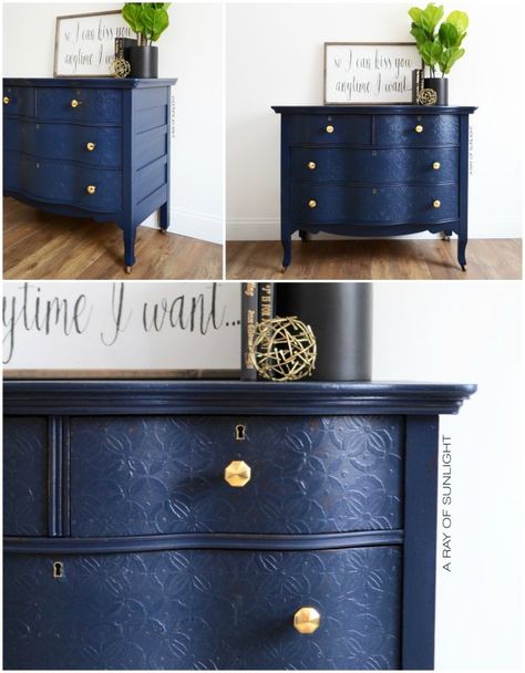 Navy Sideboard, Blue Dressers, Navy Dresser, Drawers Diy, Navy Furniture, Distressed Furniture Painting, Blue Painted Furniture, Dresser Painted, Grey Bedroom Furniture