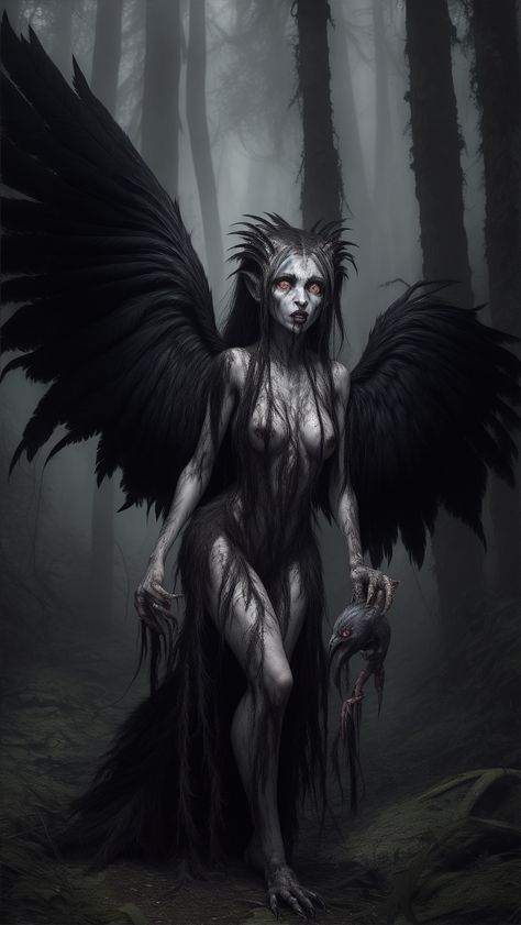 mythological figure, Greek Mythology Scary Mythological Creatures, Mythical Gods Art, Greek Mythology Villains, Gothic Mythical Creatures, Ghoul Mythology, Harpy Greek Mythology, Harpy Mythology Art, Greek Mythology Dnd Character, Greek Demons