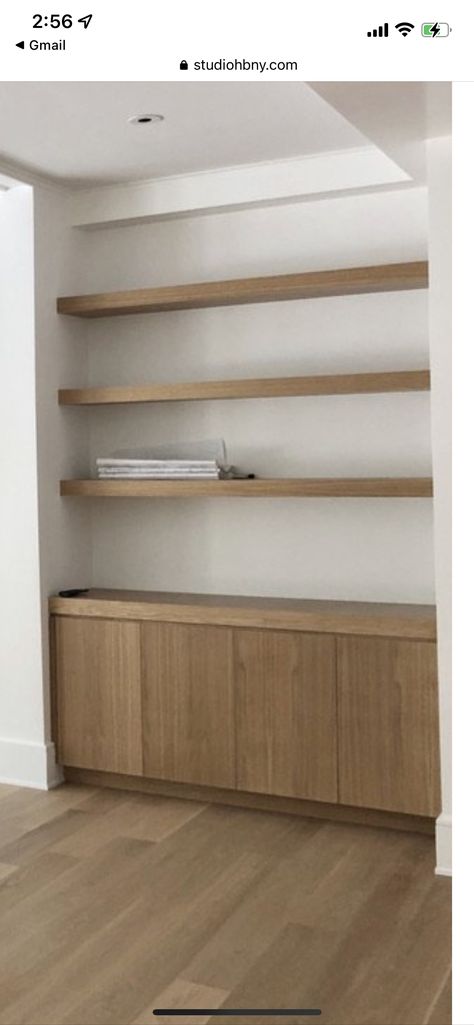 Picture Niche In Wall, Light Oak Shelves, Hallway Built In Shelves, Side Board With Shelves Above, Modern Built In Shelves, Built In Floating Shelves, Build In Shelves, Hallway Niche, Hallway Shelving