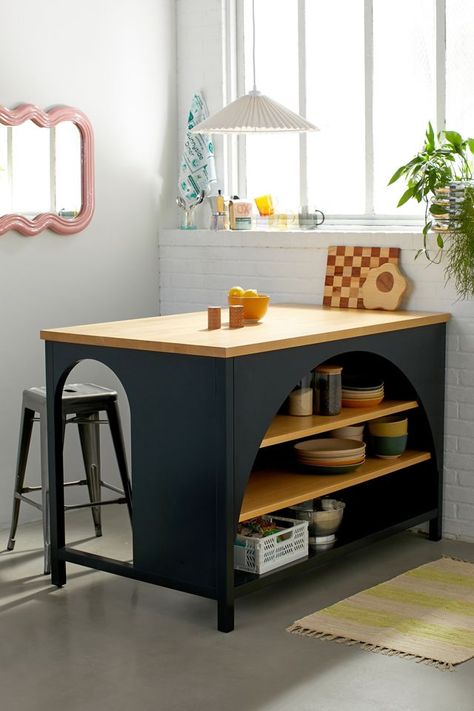 Added Kitchen Storage, Kitchen Table Island Ideas, Furniture For Kitchen Island, Counter Height Island With Seating, Mid Century Kitchen Island, Prep Table Kitchen Island, Kitchen Island Apartment, Movable Kitchen Island, Urban Outfitters Kitchen