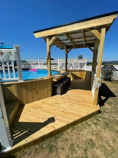 Pool Deck With Roof, Pergola On Pool Deck, Above Ground Pool Seating Ideas, Above Ground Pool Deck Ideas Off House, Bar Around Pool, Diy Pool Deck Decor Ideas, Above Ground Pool With Deck And Bar, Pool Off Back Deck, Pool Base Ideas