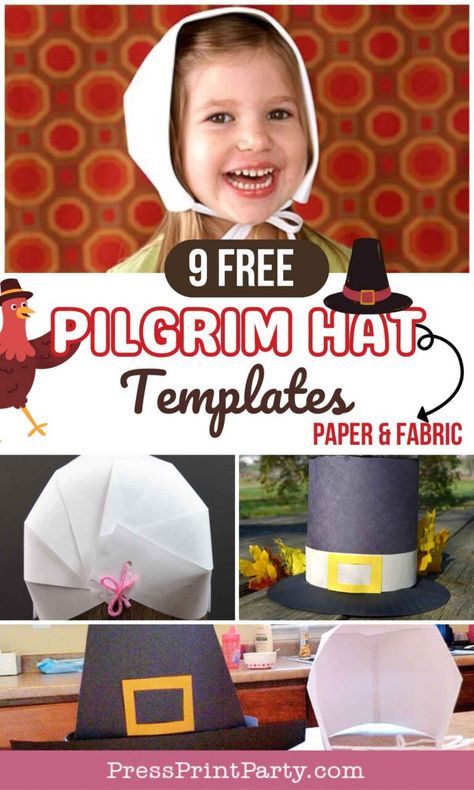 9 FREE Pilgrim Hat Templates and Bonnets – Find the perfect hat or bonnet template for boys, girls, kids, and adults with these 9 free options! Create homemade, authentic DIY pilgrim costumes with easy no-sew patterns made from paper or fabric, ideal for a school Thanksgiving play. These printable templates make it simple to make a traditional look that everyone will love. Get creative and make Thanksgiving crafting fun and stress-free. by Press Print Party! How To Make A Pilgrim Hat Out Of Paper, Paper Pilgrim Hats, Easy Pilgrim Costume For Kids, Pilgrim Hat Craft Preschool, Pilgrim Thanksgiving Crafts, How To Make A Pilgrim Hat, Diy Pilgrim Bonnet, Pilgrim Bonnet Template, Pilgram Hat Template