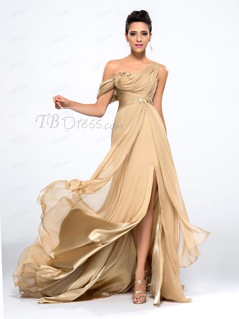 Gorgeous Front-Split One-shoulder Floor-length Evening Dress Champagne Evening Dress, Evening Dresses Online, Cheap Evening Dresses, Evening Dress Floor Length, Sequin Evening Dresses, Chiffon Evening Dresses, Flowing Dresses, Formal Party Dress, Women's Evening Dresses