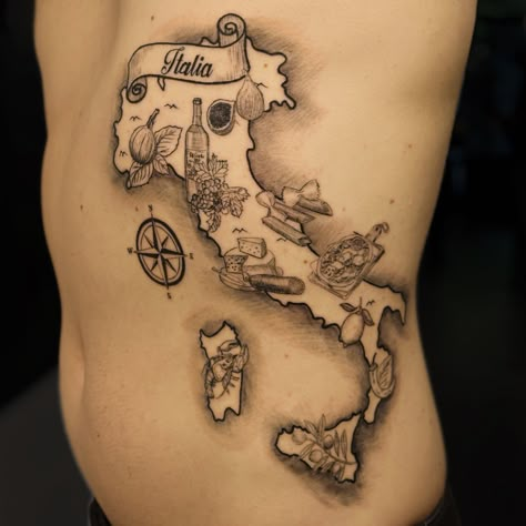 Tattoos Of Italy, Italy Tatoos Ideas, Italy Map Tattoo, Italian Themed Tattoos, Italian Tattoos Men, Italy Tattoo Ideas Italian Design, Italian Tattoos For Men Italy, Naples Italy Tattoo, Map Of Italy Tattoo