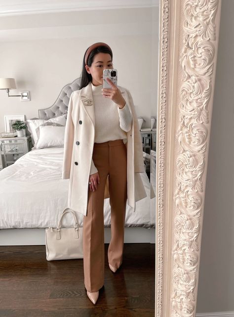 camel pants + white coat formal workwear outfit // Extra Petite fashion & lifestyle blog from Boston blogger Jean Wang Camel Pants Outfit, White Coat Outfit, Petite Work Outfits, Long White Coat, Classic Work Outfits, Off White Coat, Pants Outfit Work, Long Coat Outfit, Camel Pants