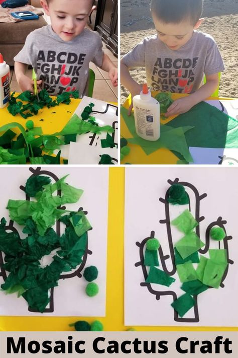 Do your kids love cacti as much as mine? If so they will love this very cute Mosaic Cactus. This was a fun and easy craft and turned out really cute and gave him a chance to practice holding the scissors and be creative. Grab some paper and let your little artist create their own mosaic cactus (or any picture) Desert Art Preschool, Desert Animals Activities, Desert Animal Art, Mosaic Cactus, Desert Crafts, Animals Habitat, Ducks Art, California Activities, Preschool Food