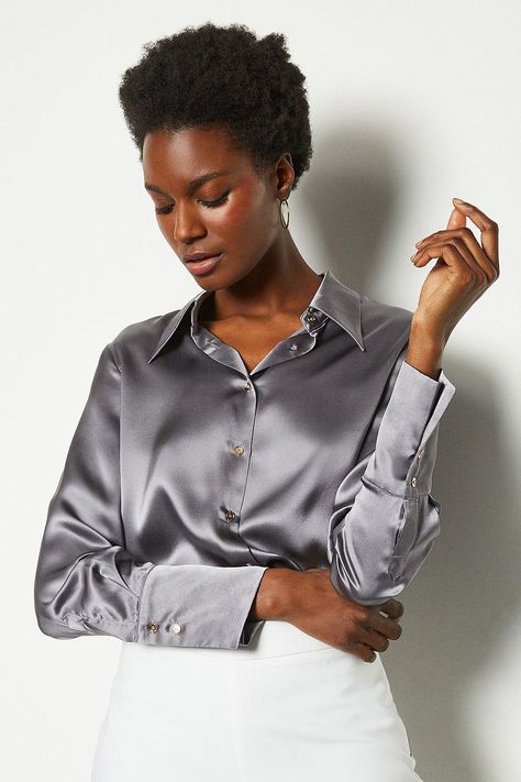 Grey Satin Shirt Outfit, Silk Shirt Women, Silky Shirt, Capri Trousers, Ladies Clothes Fashion, Satin Blouses, Bow Blouse, Straight Trousers, Profile Pics