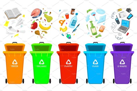 Recycling garbage elements. Bag or containers or cans for different trashes. Sorting and Utilize food waste. Ecology symbol. Segregation Separation and Industry management concept. disposal refuse bin by ArtBalitskiy on @creativemarket Medical Waste Management, Cleaning Icons, Recycling Activities, Trash Disposal, Solid Waste, Recycling Containers, Household Waste, Waste Disposal, Trash Bins