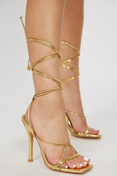 Available In Silver And Gold. Strappy Heeled Sandals Square Toe 4.5" Ultra High Heel Imported California Proposition 65 WARNING: Cancer and Reproductive Harm - www.P65Warnings.ca.gov. | Stylish Moment Strappy Heeled Sandals in Gold size 10 by Fashion Nova Gold Lace Up Heels, Gold Heels Prom, Gold Strap Heels, Dance Nails, High Heels For Prom, Gold Strappy Sandals, Pencil Heels, Gold Strappy Heels, Outfit Ideas 2024