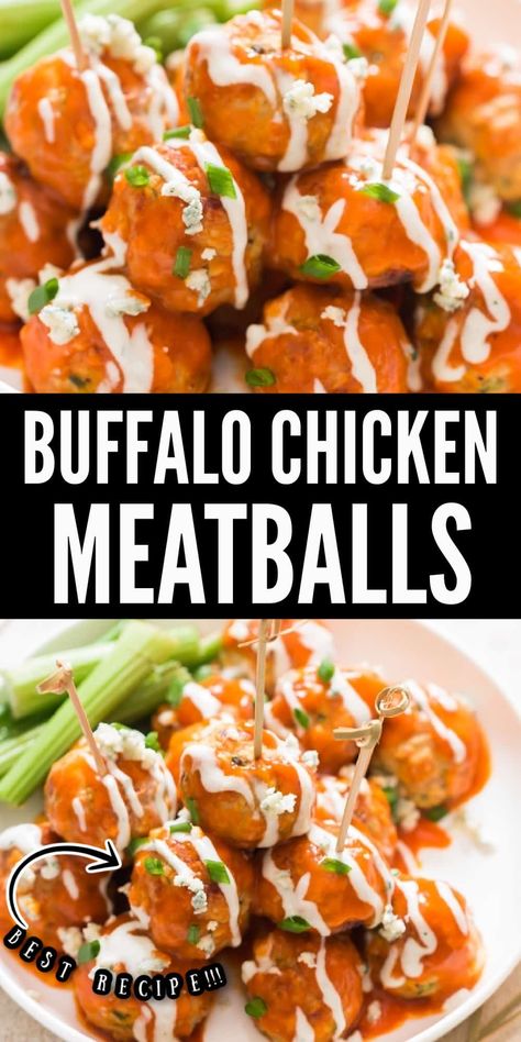 These buffalo meatballs are perfect appetizer to serve on game day or a fun weeknight dinner. These meatballs are baked, yet so delicious! #meatballs #chickenmeatballs #chickenrecipes #gamedayappetizer #gamedayrecipes #partyappetizer #appetizerrecipes #appetizers #easy #recipe #buffalochickenmeatballs #baked Buffalo Balls Recipe, Buffalo Balls, Buffalo Chicken Balls, Buffalo Meatballs, Delicious Meatballs, Chicken Parmesan Meatballs, Buffalo Recipe, Juicy Baked Chicken, Buffalo Chicken Meatballs