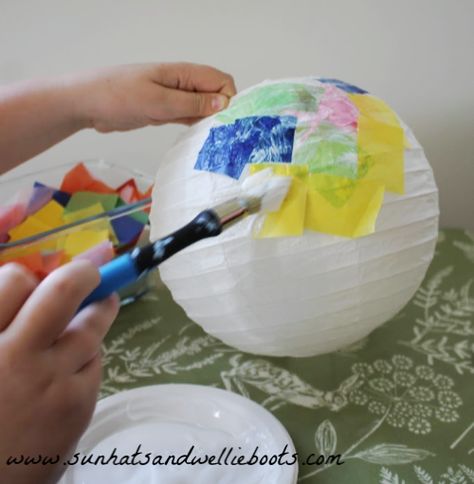 How To Decorate Paper Lanterns, How To Make Paper Lanterns Step By Step, Painting Paper Lanterns, Tissue Paper Lanterns Diy, Winter Solstice Lanterns For Kids, Decorate Paper Lanterns, Chinese Lantern Craft, Solstice Lanterns, Diy Lanterns For Kids