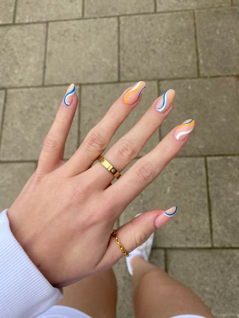 Blue And Orange Swirl Nails, Blue White Orange Nails, Blue White Yellow Nails, Blue And Yellow French Tip Nails, Orange Blue And White Nails, Bluey Themed Nails, Blue Yellow And White Nails, Blue And Yellow Nails Designs Summer, Orange Blue White Nails