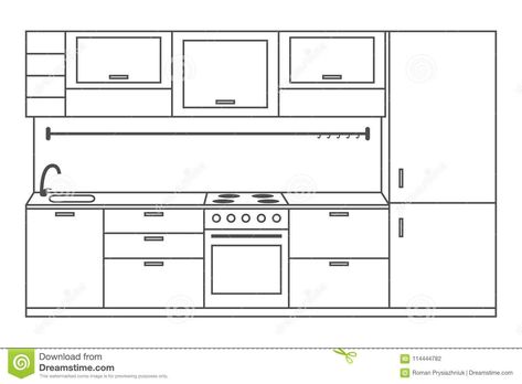 Illustration about Kitchen interior front view, linear sketch. Line kitchen with furniture, stove, fridge, cupboards and shelves. Vector illustration. Illustration of drawing, graphic, food - 114444782 Kitchen Ideas Sketch, Dream Kitchen Drawing, Drawing Kitchen Design, Simple Kitchen Drawing, Modern Kitchen Drawing, Kitchen Sketch Drawing Interior Design, Kitchen Ideas Drawing, Interior Design Kitchen Drawing, Kitchen Drawing Easy