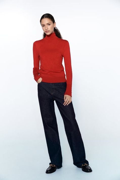 BASIC TURTLENECK KNIT SWEATER - Dark red | ZARA United States Basic Turtleneck, Ribbed Knit Sweater, Mock Neck Sweater, Zara United States, High Collar, Zara Women, Dark Red, Turtleneck Sweater, Knit Sweater