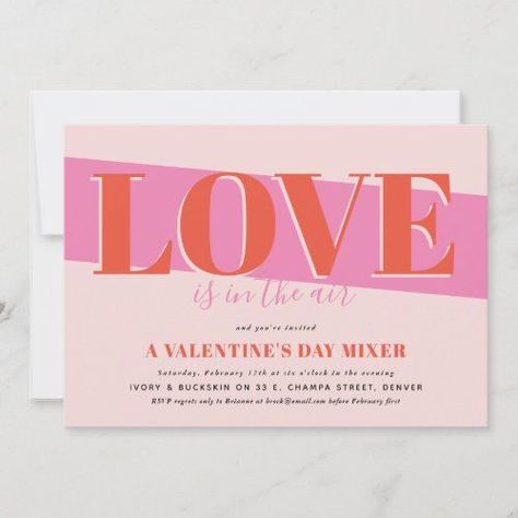 Invite your guests to a Valentine's Day party with this modern and bold horizontal invitation featuring classic typography in fresh shades of pink and orange. Clean typography can be easily customized with all of your party details and a blank backer gives more flexibility to add additional information. Valentines Day Invitations, Valentine Cocktails, Valentine Invitations, Pretty Invitations, Valentines Baby Shower, Chic Invitation, Dinner Party Invitations, Holiday Dinner Party, Valentine's Day Party