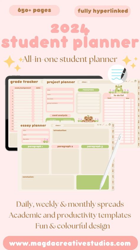 2024 Digital Student Planner | GoodNotes Digital Planner Template | Aesthetic Study Planner digitalfitnessplanner #12weekplanner #wellnessplanner #digitalplannersticker Aesthetic Study Planner, Planner Setup Ideas, Planner Template Aesthetic, Digital Student Planner, Exam Planner, Essay Planner, Goodnotes Digital Planner, Digital Planner Template, Daily Planner Printables Free