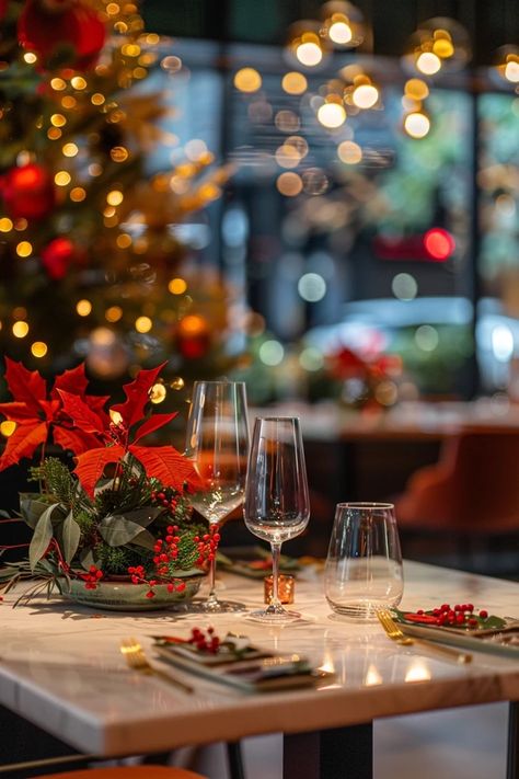 Festive Restaurant Christmas Decoration Ideas Christmas In Restaurant, Christmas Restaurant Photography, Christmas Restaurant Decorations, Christmas Decorations Restaurant, Restaurant Christmas Decor, Christmas Restaurant, Holiday Shoot, Colorful Ornaments, Restaurant Pictures