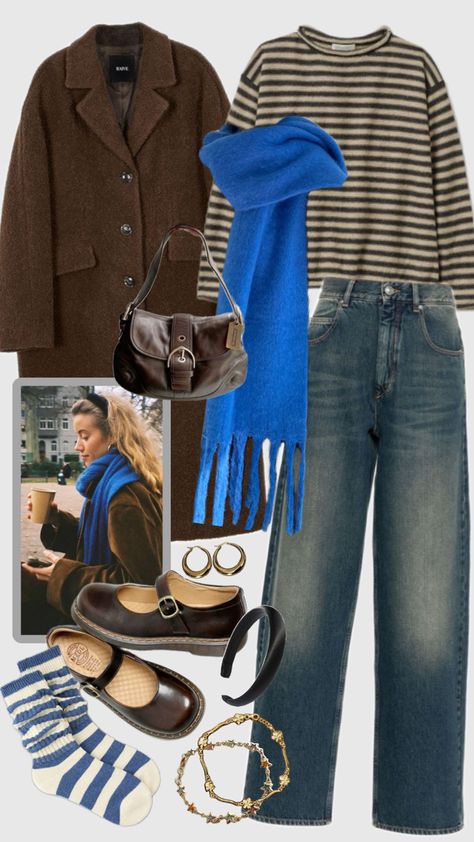 chunky scarf outfit :) blue scarf with a long brown coat, gold jewelry, black headband, and striped sweater Striped Scarf Outfit, Long Brown Coat Outfit, Brown Scarf Outfit, Brown Long Coat Outfit, Blue Scarf Outfit, Chunky Scarf Outfit, Blue Coat Outfit, Chunky Sweater Outfit, Brown Coat Outfit