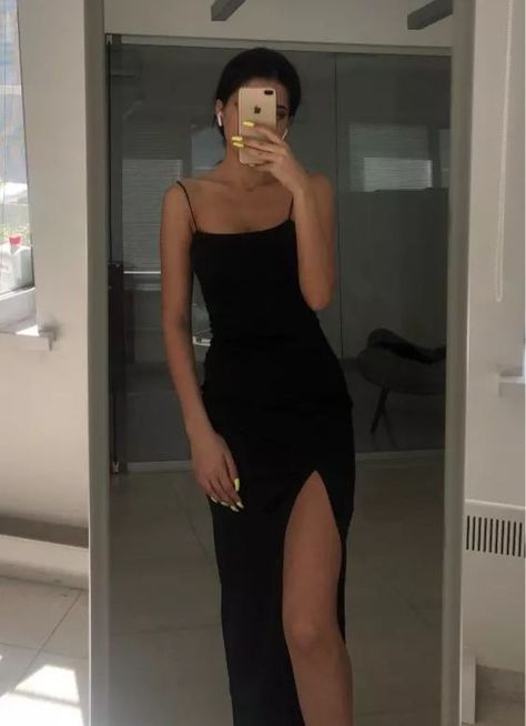 Long Black Prom Dress, Prom Dress Simple, Prom Dress With Split, Prom Dresses Simple, Black Evening Dress, Dress With Split, Simple Prom Dress, Black Prom Dress, Black Satin Dress