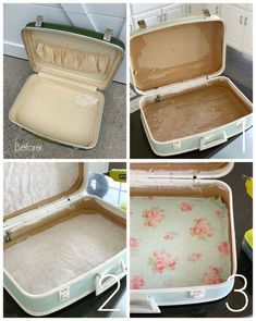 Painted Vintage Suitcase Ideas, Paint Old Suitcase, Painted Vintage Suitcases, Upcycle Suitcase Ideas, Painting Suitcases Diy Ideas, Vintage Suitcase Aesthetic, Vintage Suitcase Ideas, Train Case Makeover, Vintage Trunks Makeover