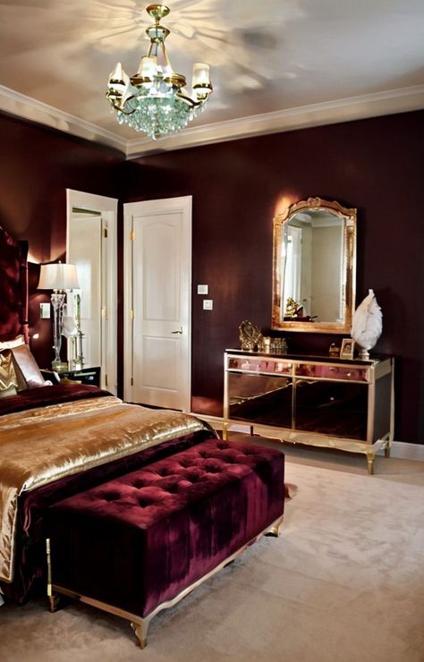 Maroon Wall Bedroom, Maroon Room, Maroon Bedroom, Burgundy Bedroom, Maroon Walls, Burgundy Walls, Metallic Accessories, Bedroom Seating Area, Velvet Room