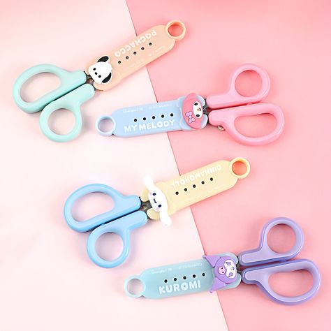 Add a touch of whimsy to your crafting with the Sanrio Characters Scissors! Designed for safety with their round heads, these scissors are perfect for all your cutting needs. Featuring vibrant colors and stainless steel construction, they come with a matching cap adorned with your favorite Sanrio character's face and name. Keep them securely stowed in your pencil case or backpack for on-the-go convenience. Let these adorable scissors bring joy to every snip! Material: stainless steel & plastic B Cute Scissors For School, Kawaii Scissors, Scissors For School, Cute Scissors, Binder Paper, Kawaii Pens, December Calendar, Pen Shop, Watercolor Greeting Cards