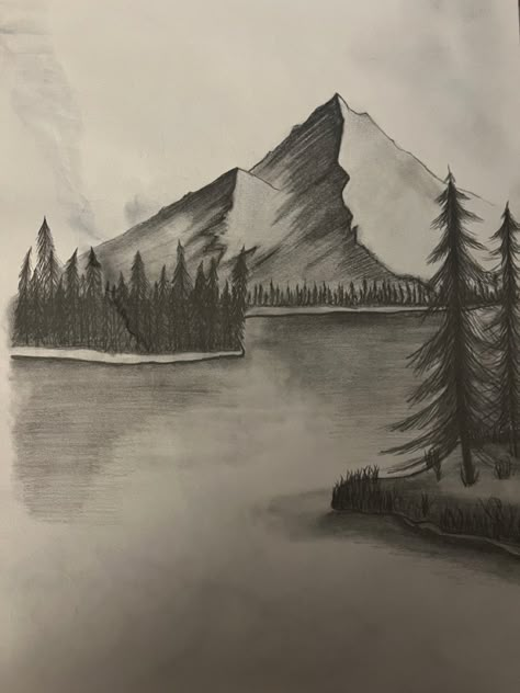 Easy Scenery Sketch, Art Drawings Sketches Pencil Landscape, Scenic Drawings Easy, Sketch Ideas Landscape, Mountain Drawing Pencil, Nature Pencil Art, Mountain Drawing Sketches, Forest Pencil Drawing, Scenic Drawings