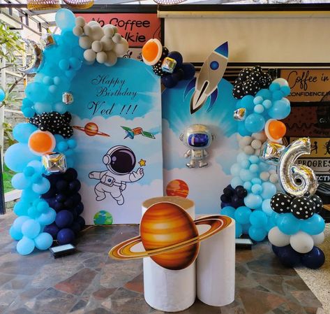 Space theme decoration at home at best price call for more information 8285297156 Outer Space Backdrop, Space Bday Party Ideas, Space Theme Backdrop, Astronaut Birthday Party Ideas, Space Theme Decoration, Space Theme Decorations, Tennis Cake, Moon Stars Nursery, Space Party Decorations