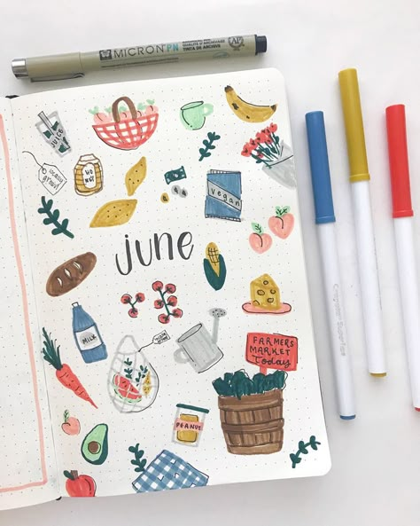 haley on Instagram: “anddddd... JUNE cover page!!! if you can’t tell off the bat, my theme is “farmers market”! 🍑🥖🌱🍋🍽 • i personally have never seen this theme…” June Cover Page, Bullet Journal Headers, Bullet Journal Month, Bullet Journal 2019, Bullet Journal Ideas Templates, Ask God, Bullet Journal Aesthetic, Bullet Journal Themes, Bullet Journal Writing