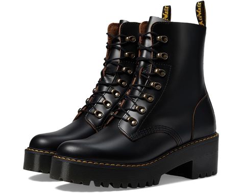 Dr. Martens Leona 7 Hook Boot | Zappos.com Dr Martens Leona Outfit, Dr Marten Leona, Dr Martens Leona, Doc Martens Outfits, Martens Outfit, Doc Martens Outfit, Kawaii Fashion Outfits, Clover Green, Chunky High Heels