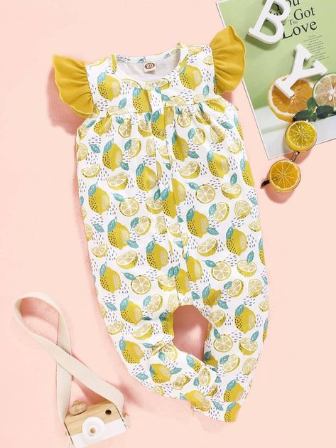 Baby Girl Lemon Print Jumpsuit | SHEIN USA Colorful Baby, Lemon Patterns, Matching Baby, Baby Growth, Baby Jumpsuit, Lemon Print, Yellow Plaid