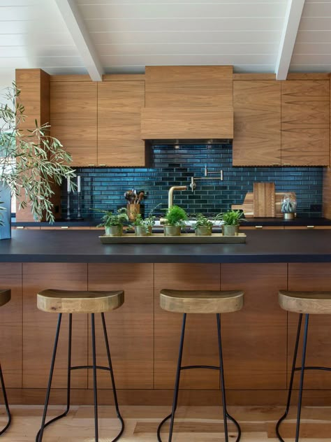 Mid Century Modern Kitchen Cabinets, Modern Walnut Kitchen, Mid Century Modern Kitchen Design, Walnut Kitchen Cabinets, Modern Wood Kitchen, Contemporary Kitchen Cabinets, Walnut Kitchen, Loft Kitchen, Contemporary Cabinets