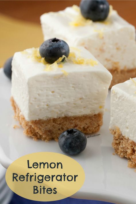 Try these light and fluffy Lemon Refrigerator Bars at your next brunch. They're delicious and easy to make! Lemon Refrigerator Bites, Funnel Cake Fries, Lemon Treats, Bite Size Desserts, Recipe Dessert, Side Dish Recipes Easy, Cakes Recipes, Italian Ice, Amish Recipes