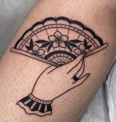 Traditional Hand Fan Tattoo, Hand Holding Fan Tattoo, Trad Fan Tattoo, Fan Traditional Tattoo, American Traditional Fan Tattoo, Spanish Fan Tattoo, Traditional Fan Tattoo, Hand Fan Tattoo, Japanese Fan Tattoo