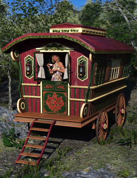 How To Build A Vardo Wagon, Fantasy Wagon, Romani Caravan, Romani Wagon, Vardo Wagon, Dnd Inspiration, Dnd Stuff, Covered Wagon, Daz 3d