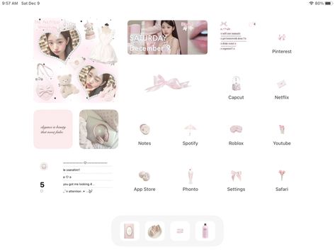 Cute Ipad Themes, Ipad Mini Homescreen Ideas, Ipad Aesthetic Layout, Ipad Inspo Homescreen, Ipad Aesthetic Homescreen, Cute Ipad Layout, Ipad Layout Ideas, Ipad Decor, Ipad Setup