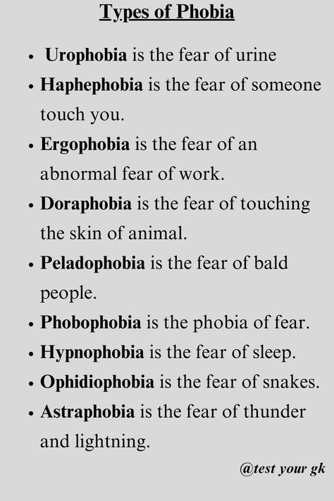 In this post we have given Types of Phobias. Our post is full of amazing gk. If you like to read and improve your gk, then you must FOLLOW our page @test your gk
.
LIKE
.
SHARE
.
COMMENT
.
#gk
#upscgkquiz
#generalknowledge
#worldgk	
#facts
#gkinenglish
#gkquiz
#gkindia
#gkmcq
#generalknowledgequiz Phobia Meanings, Phobia Test, Types Of Phobia, Phobia Words, Ib Art, General Knowledge Book, Health Knowledge, Gcse Art, Word Of The Day