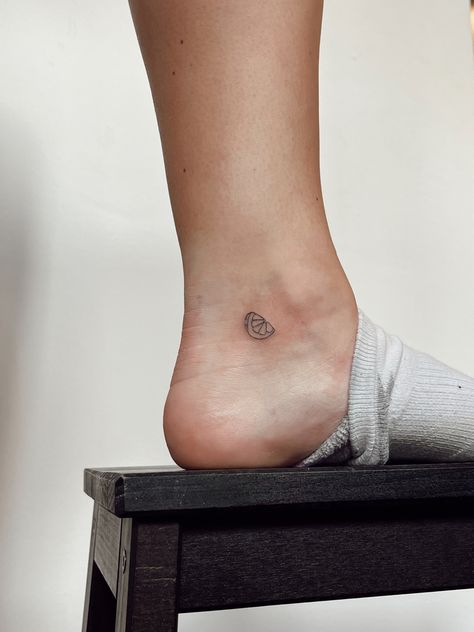 Lemon Slice Tattoo Tiny, Lemon Ankle Tattoo, Europe Summer Tattoo, Small Spain Tattoo, Minimalist Orange Tattoo, Europe Inspired Tattoos, Lime Tattoo Minimalist, Orange Tattoo Fruit Minimal, Small Orange Tattoo