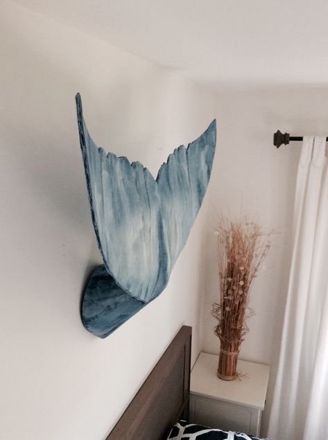 Adding some fun to this beachy bedroom with a wall mounted handmade whale tail. Diy Mermaid Decor, Beachy Bedroom, Deco Marine, Whale Decor, Ocean Room, Mermaid Diy, Whale Art, Mermaid Decor, Coastal Bedrooms