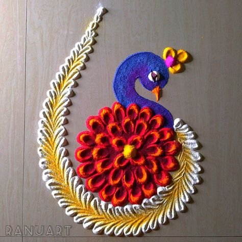 Visit YouTube channel RanuArt for video Peacock Small Rangoli, Bricks Decoration Ideas For Ganpati, Small Rangoli Ideas For Diwali, Rangoli Designs Of Ganesha, Rangoli Designs Ideas Diwali, How To Make Rangoli Design, Rangoli Designs Videos Diwali, Small Peacock Rangoli, Peacock Rangoli Easy