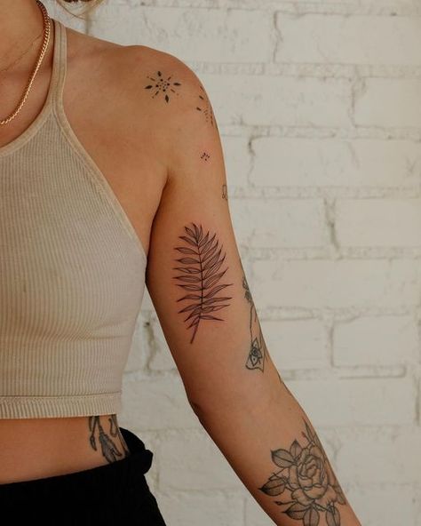 Upper Arm Fern Tattoo, Ornamental Fern Tattoo, Fine Line Ornamental Tattoo Arm, Ornamental Inner Forearm Tattoo, Large Fern Tattoo, Chelsea Tattoo, Bicep Tattoo Women, Small Back Tattoos, Inner Bicep Tattoo