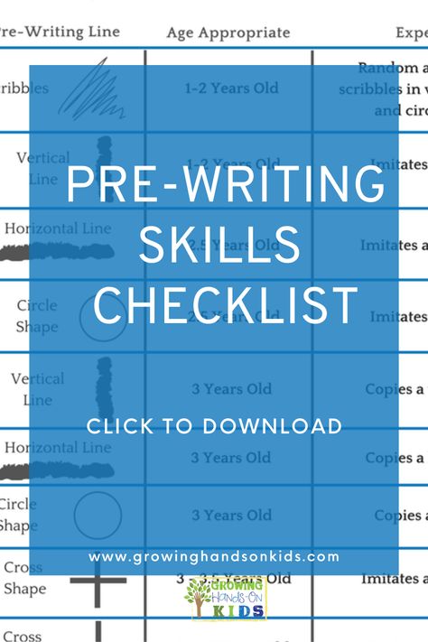 background is a preview picture of the pre-writing skills checklist with various pre-writing lines, ages appropriateness, and what task the child masters. Blue text overlay with white text says "Pre-Writing Skills Checklist" Click to Download. Pre Writing Skills, Occupational Therapy Activities, Writing Lines, Pre Writing Activities, Developmental Milestones, Learning Strategies, Language Development, Preschool At Home, Pre Writing