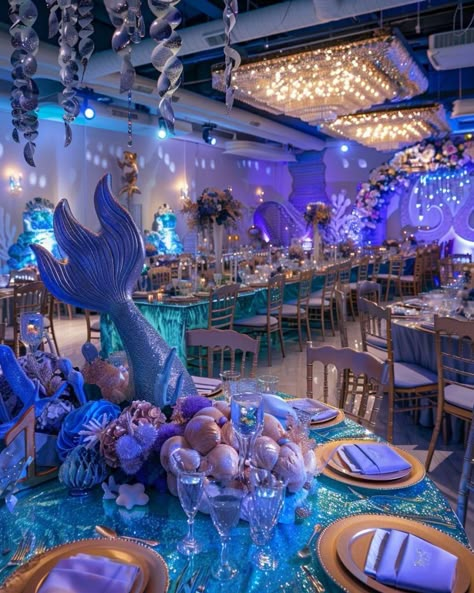 Mermaid Wedding Decor, Under The Sea Centerpieces, Sea Centerpieces, Under The Sea Quinceanera Theme, Mermaid Sweet 16, Glass Cylinder Centerpieces, Under The Sea Sweet 16, Centerpieces With Candles, Cylinder Centerpieces