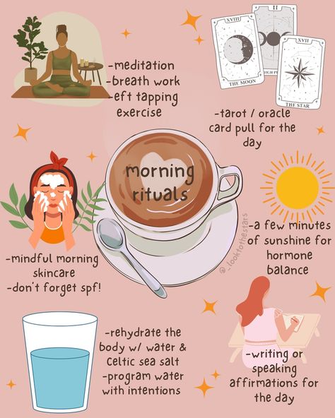 my favorite morning rituals to set myself up for a high vibe day ✨🦋🧚🏻‍♀️🌞 On a good day when my energy is at 110% I aim to do all of these….. but in reality most days I only do a few 😅 My non-negociables are hydrating, meditating for at least 5 minutes, and putting on my morning skincare mindfully which low key doubles as a short meditation for me as well. I recommend picking your favorite 2 and building up your ideal morning routine from there ✨🌞 no two days look alike, so I wouldn’t pu... Morning Witch Ritual, High Vibe Morning Routine, Tea Ritual Morning Routines, Morning Routine Reset, Witchy Morning Routine, Witchy Morning, Morning Ritual Ideas, Spiritual Morning Routine, Routine Building