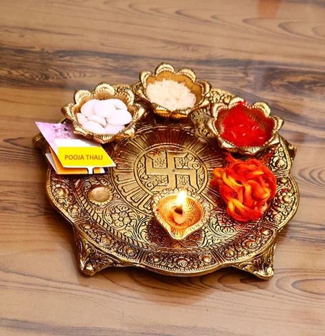 Metal Pooja Thali with Diya Gold Plated for Home and Office Temple and Pooja Room-Metal | Gold Plated Pooja Thali Set | Pooja Thali | Brass Pooja thali | Antique Pooja thali | Diwali Pooja, Pooja Thali, Henna Party, Home Temple, Special Flowers, Pooja Room, Diwali Gifts, Hindu Mandir, Puja Thali