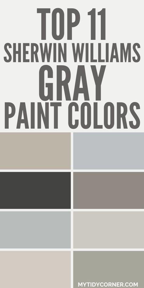 Collage of the top gray paint colors from Sherwin Williams. Gray Color Sherwin Williams, Sherwin Williams Gray Palette, Sherwin Williams Going Grey, Best Grey Paint Colors For Whole House, Grey House Exterior Sherwin Williams, Sw Garret Gray, Dove Gray Paint Sherwin Williams, Most Popular Grey Paint Colors, Bright Grey Paint Colors