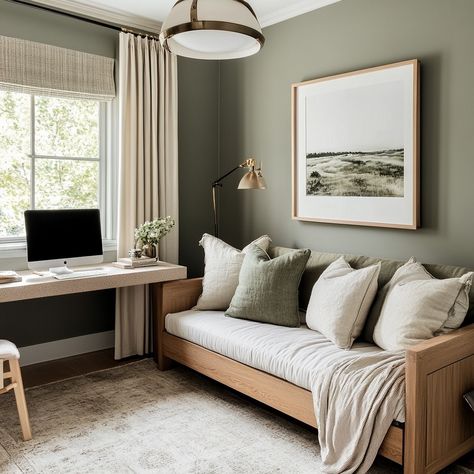 Small awkward layout? It can still be cute!! This teeny tiny spare room is now cozy, warm and still has space for both work and guests 🤎 Design By: @baileybaxterinteriors #smallapartment #smallroomdecor #interiordesign #sandiegodesigner #sdinteriordesigner #cozyhome #cozyvibes Office Interior Design With Couch, Maximize Room Space, Desk Next To Sofa, Office And Snug Room, Study Room With Couch, Seating Small Spaces, Small Office With Pull Out Couch, Study Spare Room, Tiny Office Bedroom Combo