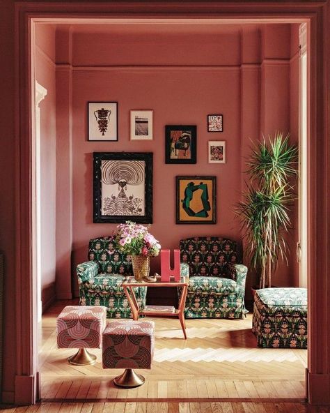 Pink Sitting Room, Prada Print, Print Armchair, Terracotta Pink, Parquet Floors, Artfully Walls, Wood Parquet, Living Room Goals, Deco Boheme